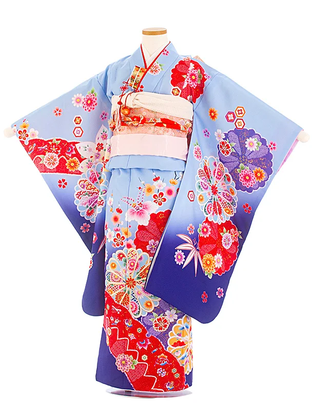 七五三レンタル(7歳女児結び帯) D7050 ペールブルー スミレ 梅 菊