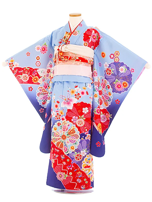 七五三レンタル(7歳女児結び帯) D7050 ペールブルー スミレ 梅 菊