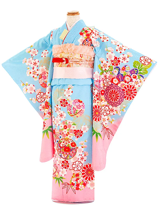 七五三レンタル(7歳女児結び帯) D7051 水色ピンク 梅 まり