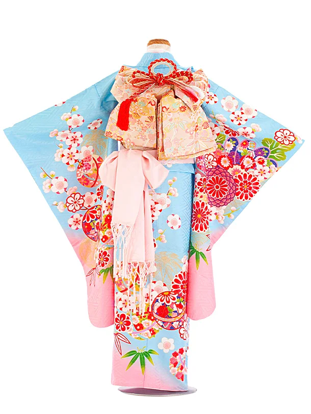 七五三レンタル(7歳女児結び帯) D7051 水色ピンク 梅 まり