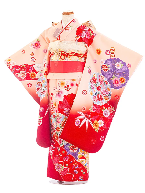 七五三レンタル(7歳女児結び帯) D7053 サーモンピンク 赤 梅 菊