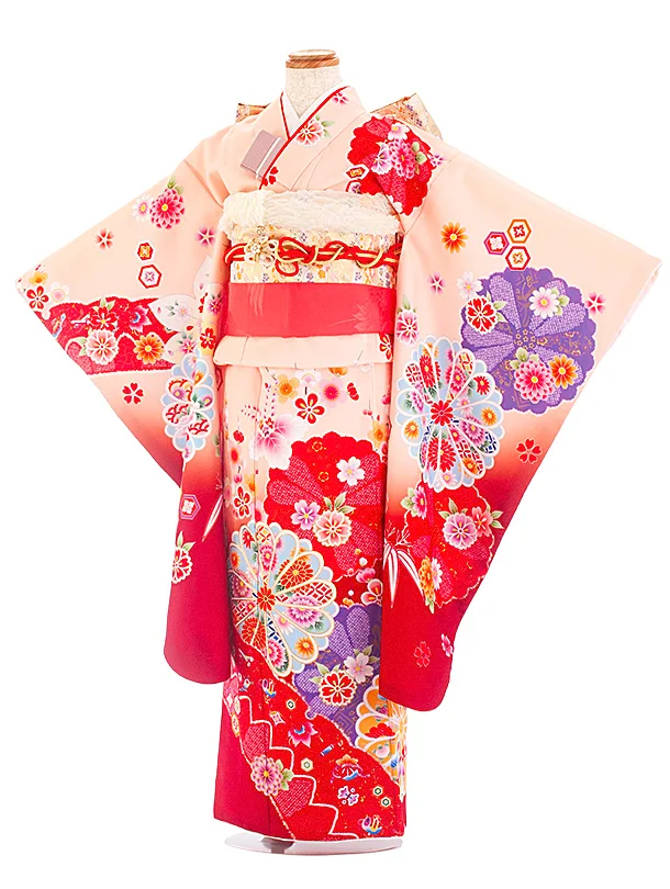 七五三レンタル(7歳女児結び帯) D7053 サーモンピンク 赤 梅 菊