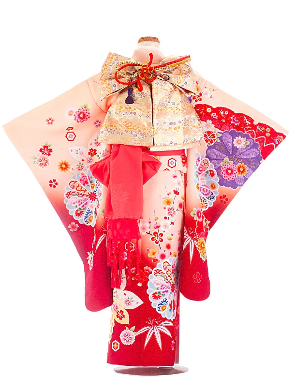 七五三レンタル(7歳女児結び帯) D7053 サーモンピンク 赤 梅 菊