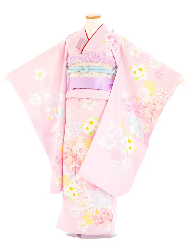 七五三レンタル(7歳女児結び帯) D7054 薄ピンク 牡丹 桜