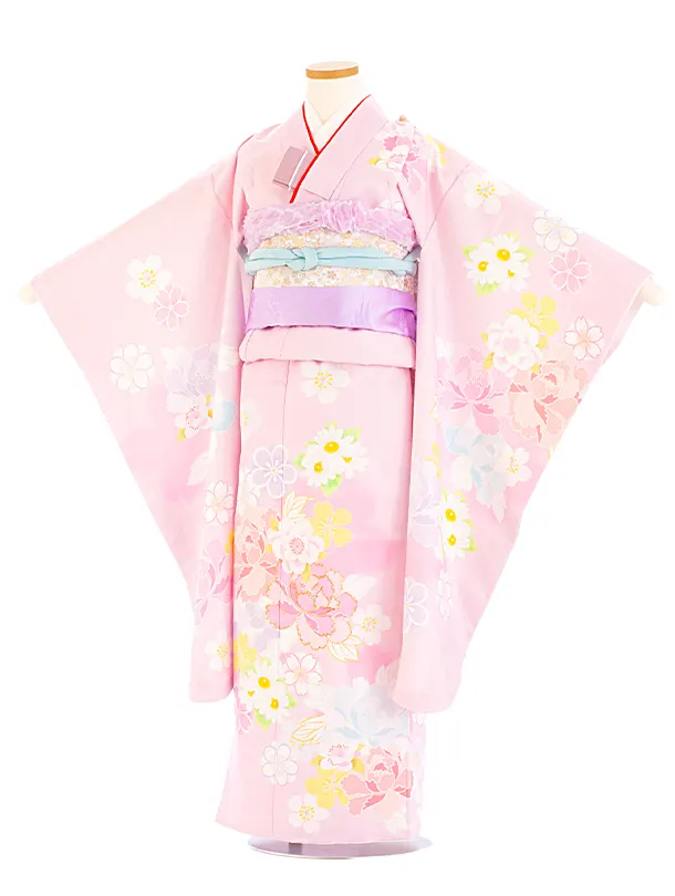 七五三レンタル(7歳女児結び帯) D7054 薄ピンク 牡丹 桜
