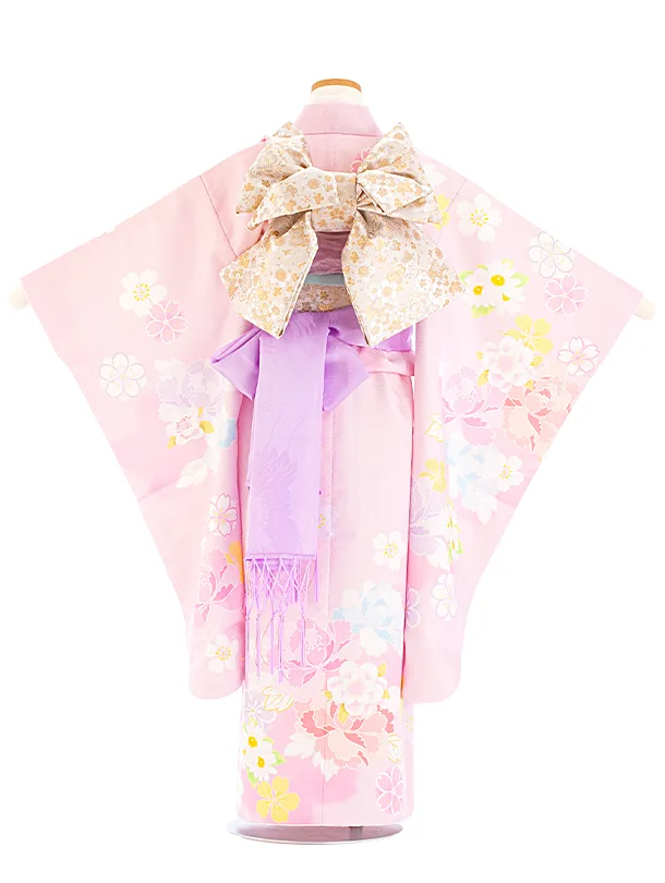 七五三レンタル(7歳女児結び帯) D7054 薄ピンク 牡丹 桜
