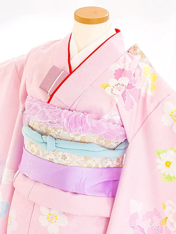 七五三レンタル(7歳女児結び帯) D7054 薄ピンク 牡丹 桜