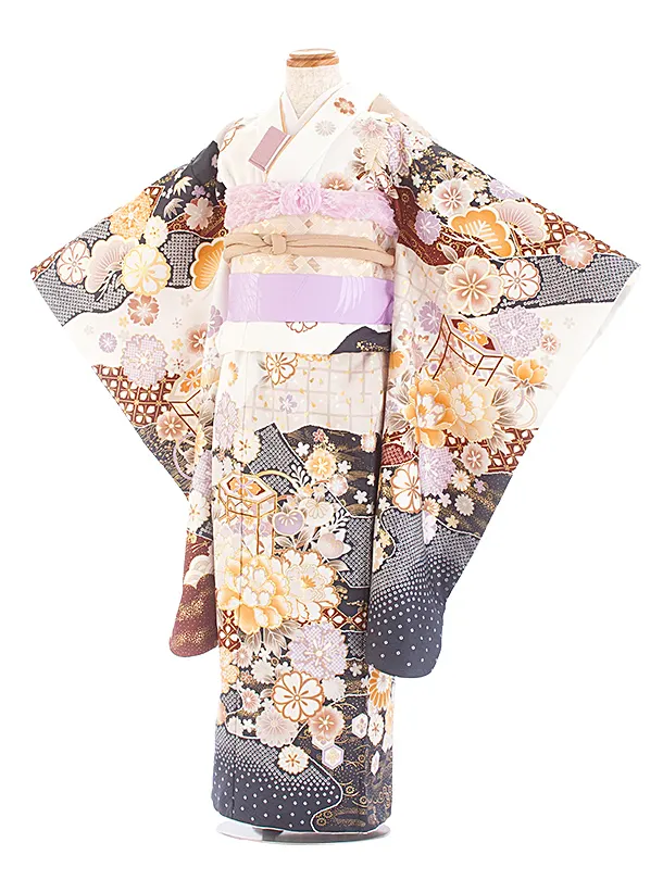 七五三レンタル(7歳女児結び帯) D7055 白 紺疋田 芍薬 梅
