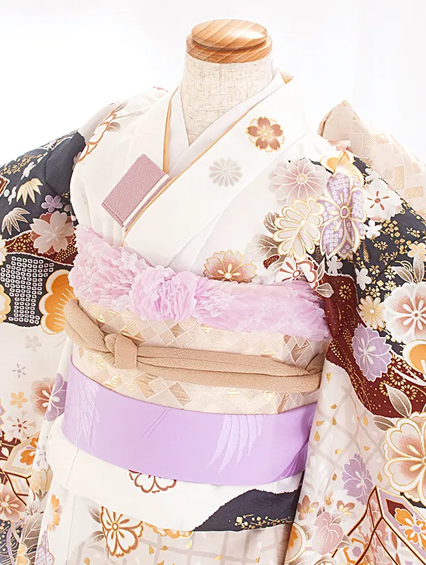 七五三レンタル(7歳女児結び帯) D7055 白 紺疋田 芍薬 梅