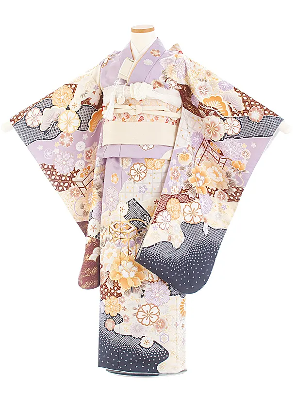 七五三レンタル(7歳女児結び帯) D7056 薄紫 紺疋田 芍薬 梅