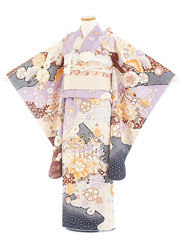七五三レンタル(7歳女児結び帯) D7056 薄紫 紺疋田 芍薬 梅