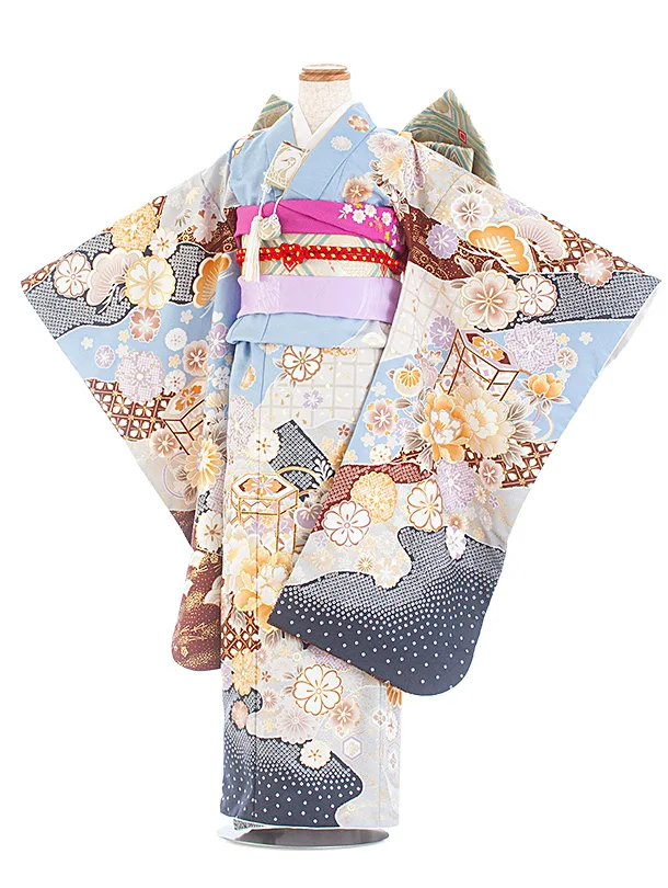 七五三レンタル(7歳女児結び帯) D7057 水色 紺疋田 芍薬 桜