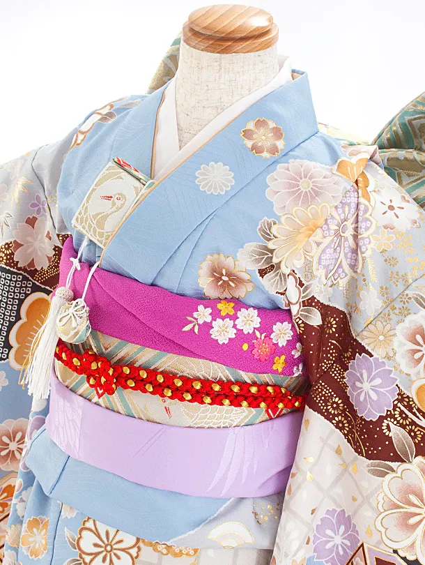 七五三レンタル(7歳女児結び帯) D7057 水色 紺疋田 芍薬 桜