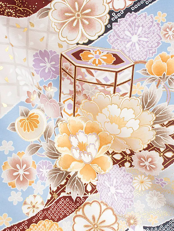 七五三レンタル(7歳女児結び帯) D7057 水色 紺疋田 芍薬 桜