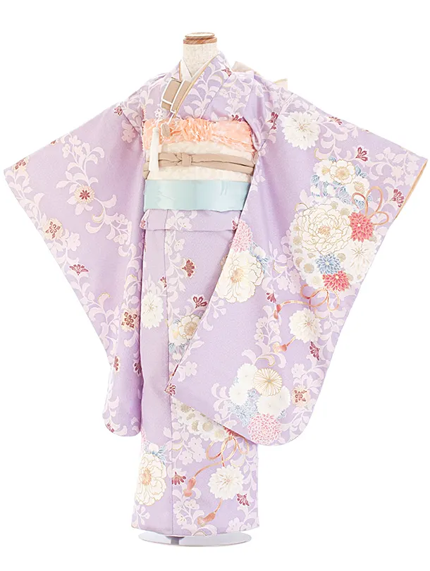 七五三レンタル(7歳女児結び帯) D7059 薄紫 牡丹 花輪
