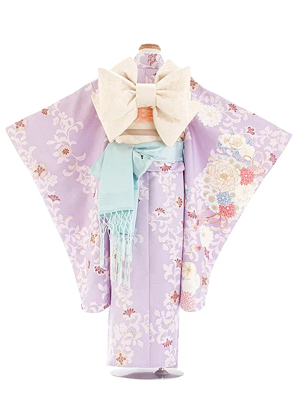 七五三レンタル(7歳女児結び帯) D7059 薄紫 牡丹 花輪