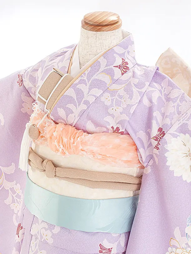 七五三レンタル(7歳女児結び帯) D7059 薄紫 牡丹 花輪