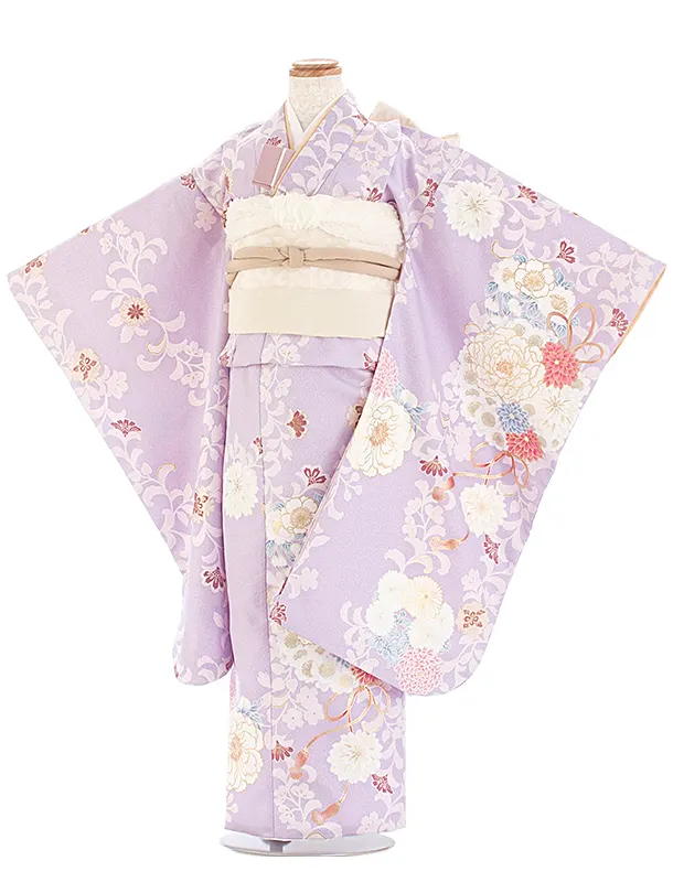 七五三レンタル(7歳女児結び帯) D7060 薄紫 牡丹 花輪
