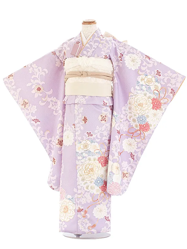 七五三レンタル(7歳女児結び帯) D7060 薄紫 牡丹 花輪