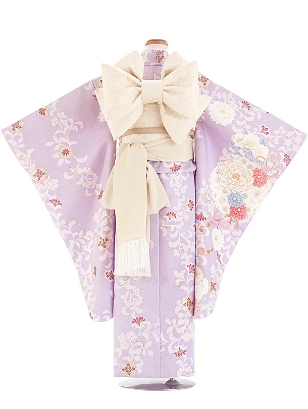 七五三レンタル(7歳女児結び帯) D7060 薄紫 牡丹 花輪