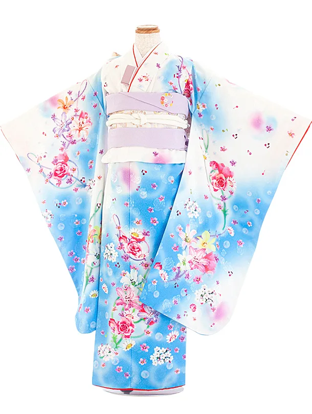 七五三レンタル(7歳女児結び帯) D7062 白 水色 花と音符