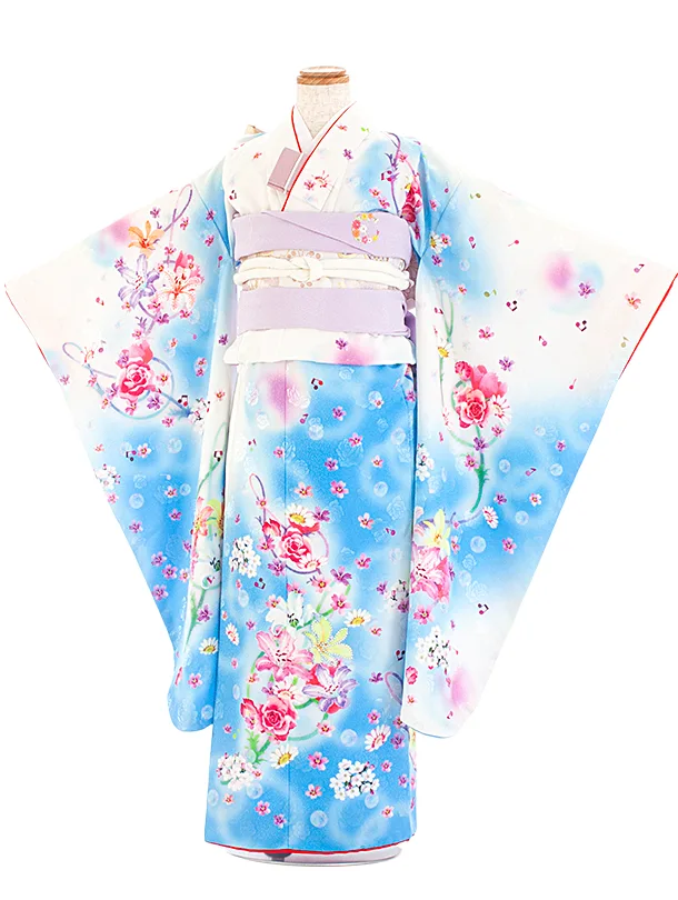 七五三レンタル(7歳女児結び帯) D7062 白 水色 花と音符