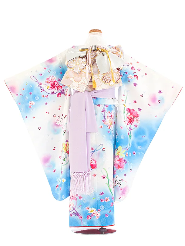 七五三レンタル(7歳女児結び帯) D7062 白 水色 花と音符