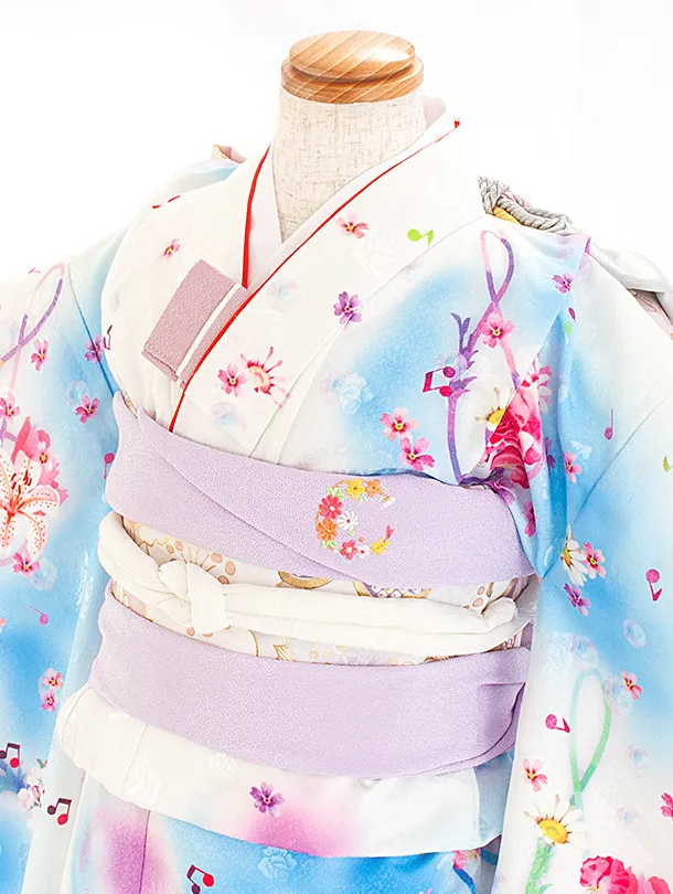 七五三レンタル(7歳女児結び帯) D7062 白 水色 花と音符