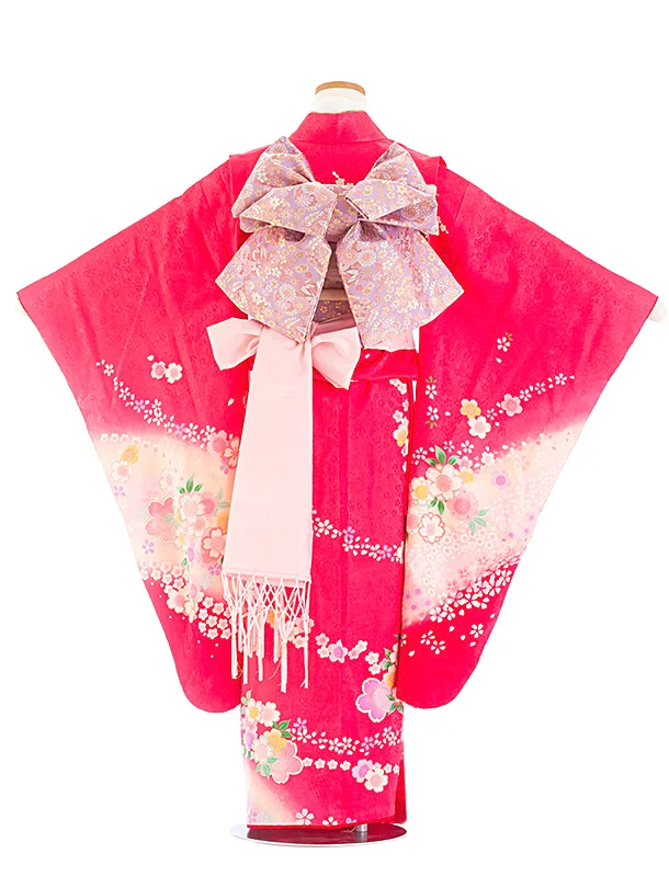 【正絹】七五三レンタル(7歳女児結び帯) D7063 ピンク 桜