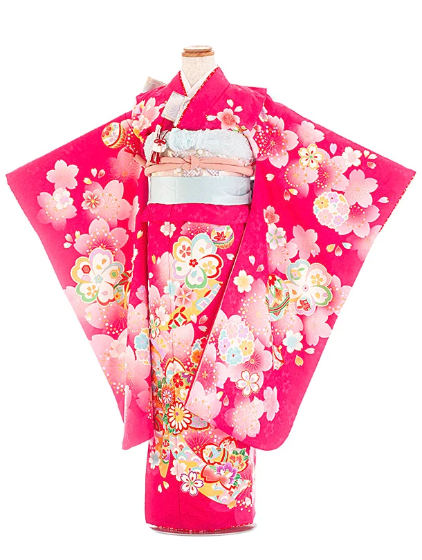 七五三レンタル(7歳女児結び帯) D7064 マゼンタ まり 桜 のし