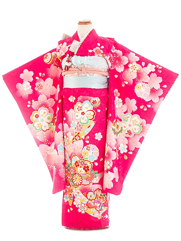 七五三レンタル(7歳女児結び帯) D7064 マゼンタ まり 桜 のし