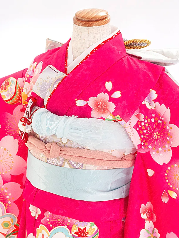七五三レンタル(7歳女児結び帯) D7064 マゼンタ まり 桜 のし