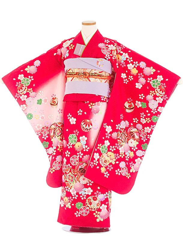 七五三レンタル(7歳女児結び帯) D7065 薄ピンク 赤 花 まり 鼓