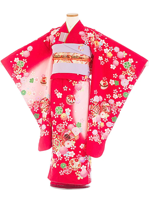 七五三レンタル(7歳女児結び帯) D7065 薄ピンク 赤 花 まり 鼓