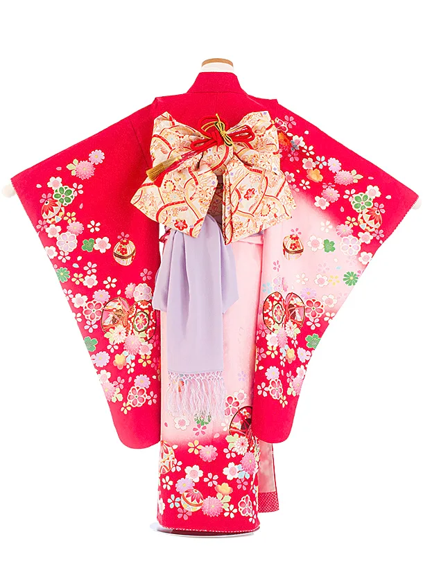 七五三レンタル(7歳女児結び帯) D7065 薄ピンク 赤 花 まり 鼓