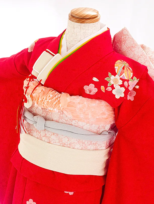 【正絹】七五三レンタル(7歳女児結び帯) D7066 赤 梅 桜 まり