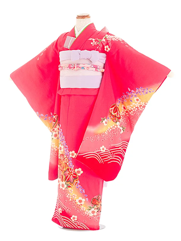 【正絹】七五三レンタル(6,7歳女児結び帯) D7068 ピンク 桜 まり 波