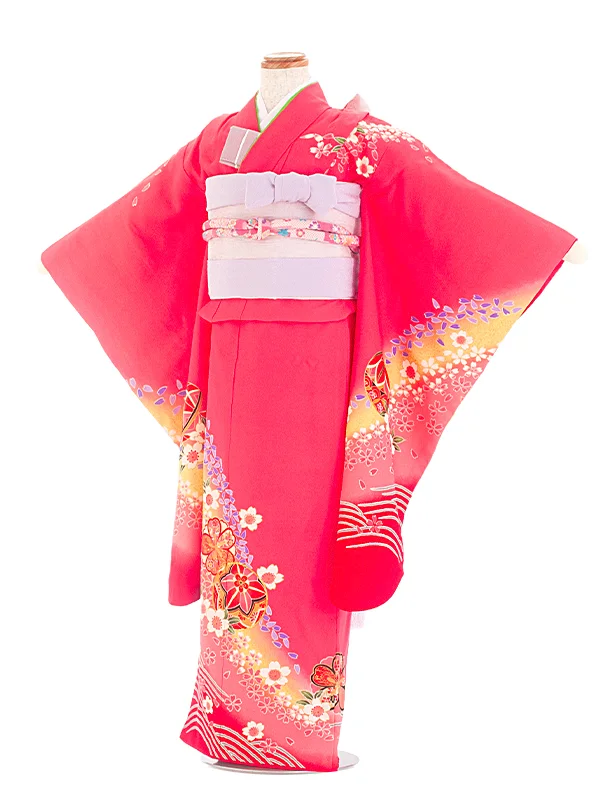 【正絹】七五三レンタル(6,7歳女児結び帯) D7068 ピンク 桜 まり 波