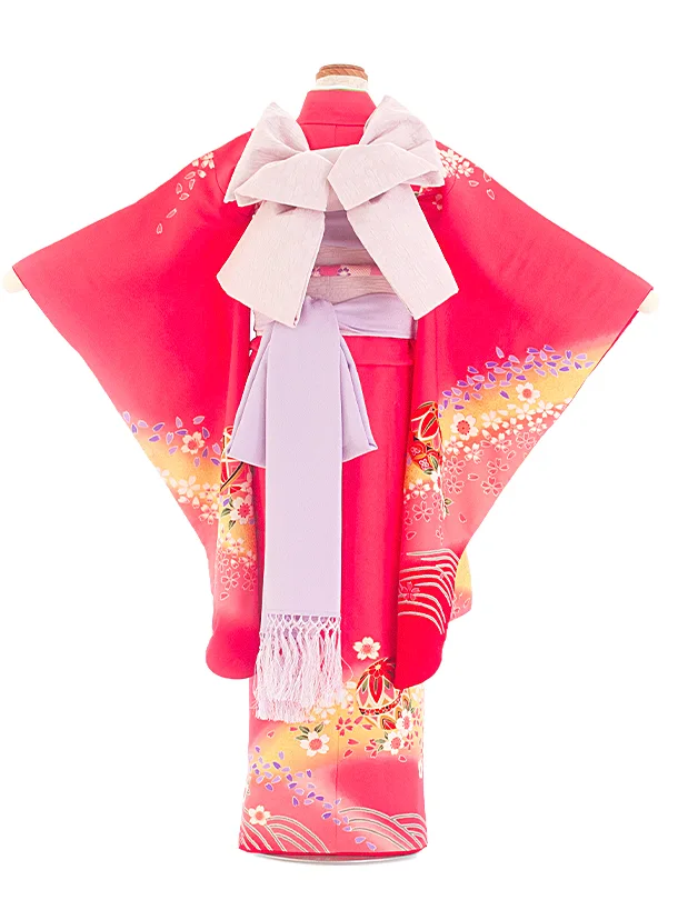 【正絹】七五三レンタル(6,7歳女児結び帯) D7068 ピンク 桜 まり 波