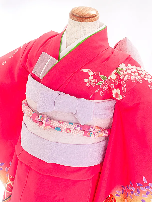 【正絹】七五三レンタル(6,7歳女児結び帯) D7068 ピンク 桜 まり 波