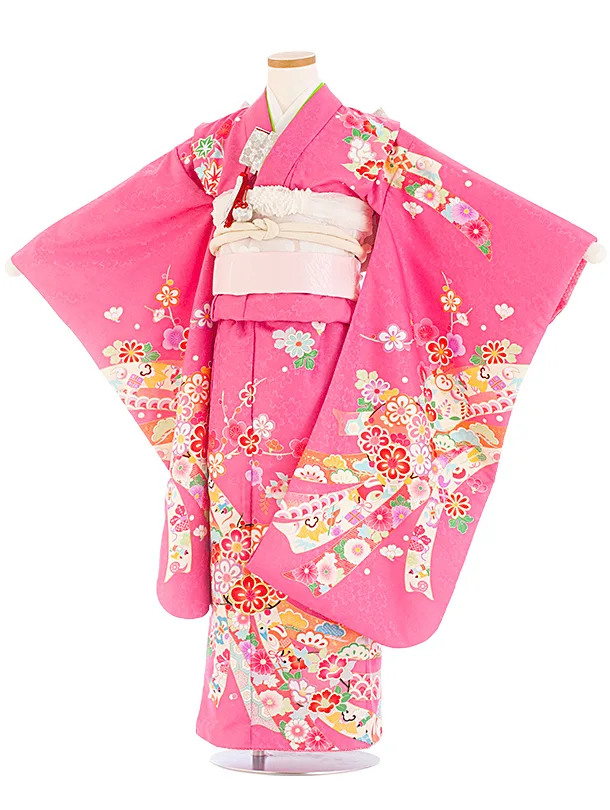 七五三レンタル(7歳女児結び帯) D7069 ピンク のし 梅 花丸