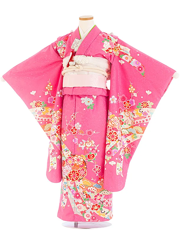 七五三レンタル(7歳女児結び帯) D7069 ピンク のし 梅 花丸