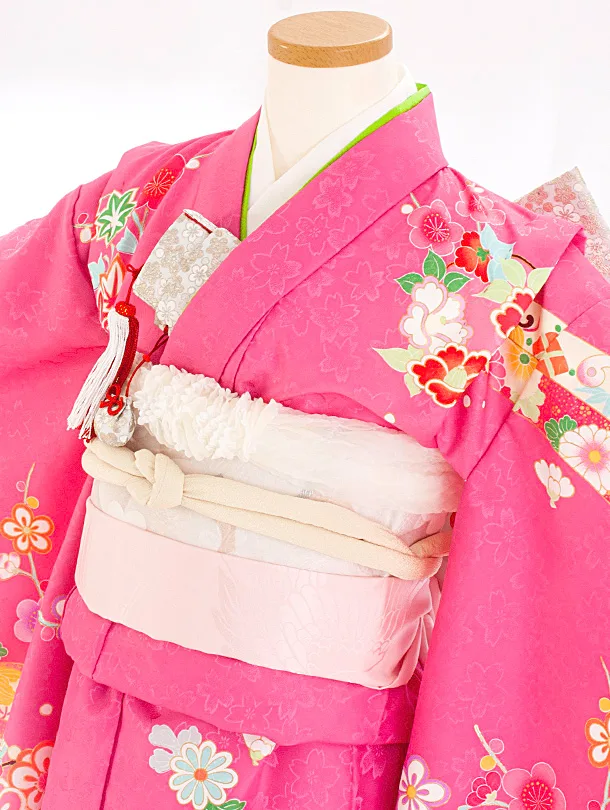 七五三レンタル(7歳女児結び帯) D7069 ピンク のし 梅 花丸