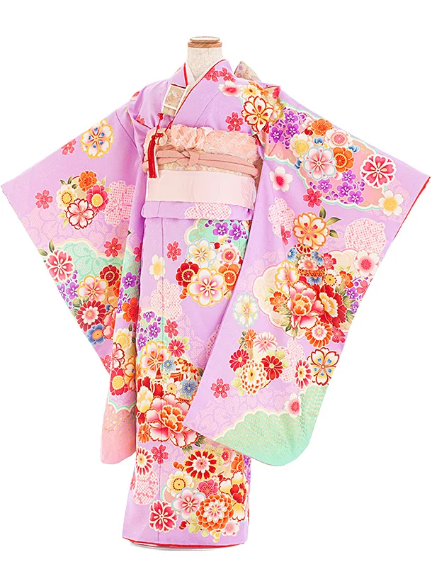 七五三レンタル(7歳女児結び帯) D7070 紫 鈴 雲取り 花
