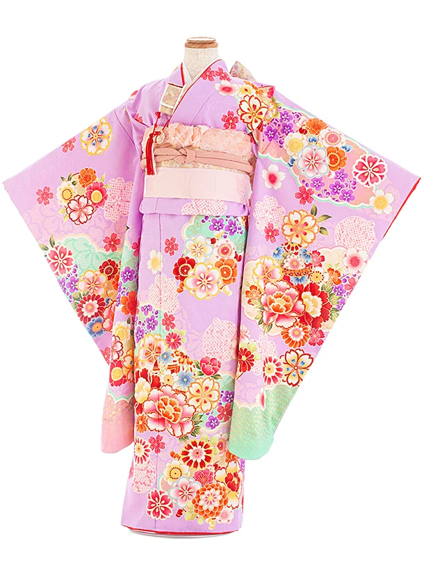 七五三レンタル(7歳女児結び帯) D7070 紫 鈴 雲取り 花