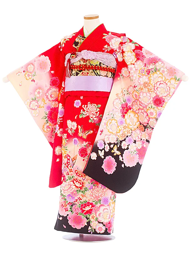 七五三レンタル(7歳女児結び帯) D7073 赤 蝶 牡丹 桜