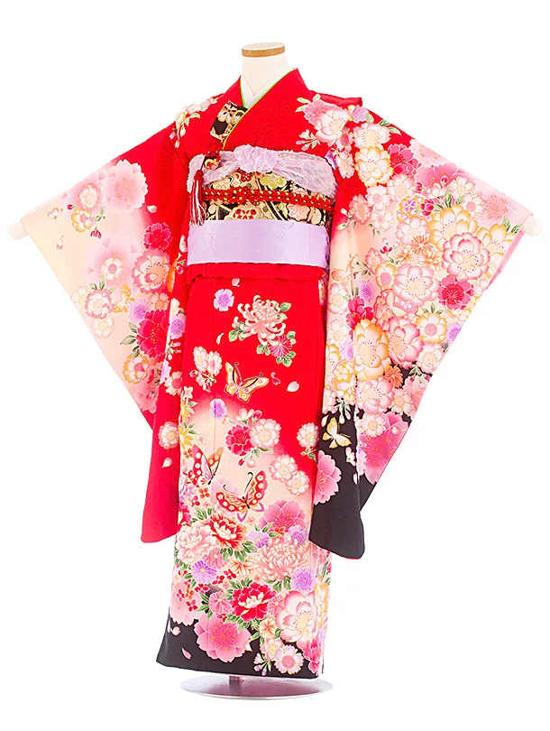 七五三レンタル(7歳女児結び帯) D7073 赤 蝶 牡丹 桜
