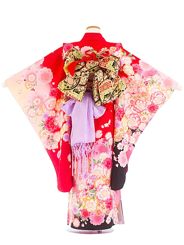 七五三レンタル(7歳女児結び帯) D7073 赤 蝶 牡丹 桜