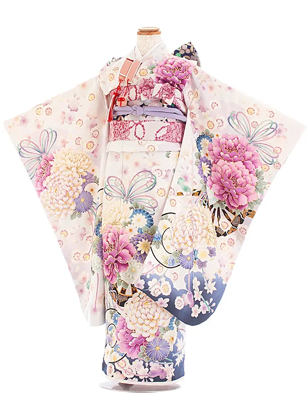 七五三レンタル(7歳女児結び帯) D7074 華徒然 白 薄紫 花車