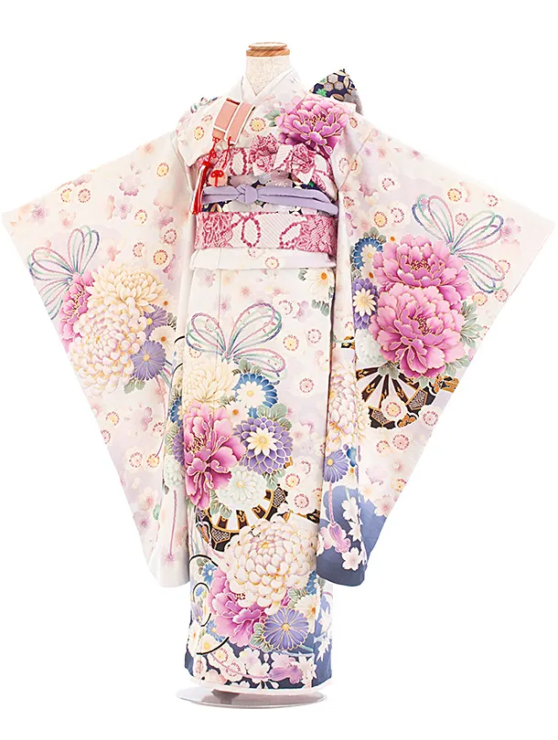 七五三レンタル(7歳女児結び帯) D7074 華徒然 白 薄紫 花車